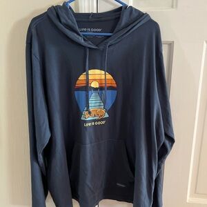 Life Is Good Navy Pullover Women’s Crusher Hoodie with Sunset Pier Graphic